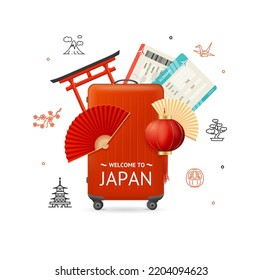 Realistic Detailed 3d Japan Travel Concept Include of Red Torii Gate, Ticket and Hand Fan. Vector illustration