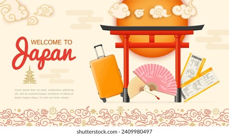 Realistic Detailed 3d Japan Travel and Tourism Ads Banner Concept Poster Card. Vector illustration of Famous Traditional Red Torii Gate