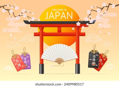 Realistische 3d Japan Travel and Tourism Ads Banner Concept Poster Card. Vektorgrafik des traditionellen japanischen Roten Torii Tor und der blühenden Sakura Zweig mit Blumen.