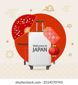 Realista Detalhado 3d Japão Viagens e Turismo Conceito Background Suitcase, Mão Fã e Lanterna. Ilustração vetorial