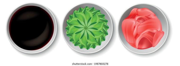 Realistic Detailed 3d Japanese Cuisine Condiments and Spices Set Include of Wasabi, Soy Sauce and Ginger. Vector illustration