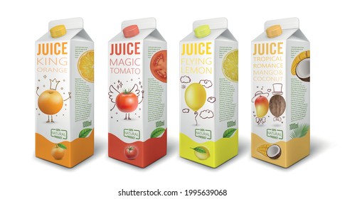 Realistic Detailed 3d Juice Pack Set Include of Orange, Lemon, Mango and Tomato . Vector illustration of Carton Package Box svg