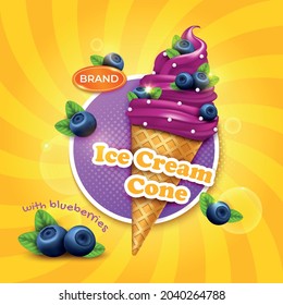 Realistic Detailed 3d Juicy Berries Ice Cream Cone Ads Banner Concept Poster Card. Vector illustration of Icecream