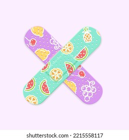 Realistic Detailed 3d Kid Aid Band Plaster Medical Patch with Fruit Print Cross Shape. Vector illustration of Adhesive Bandage