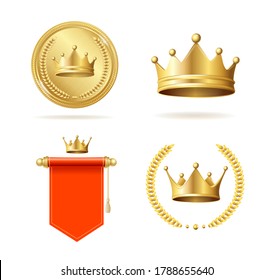 Realistic Detailed 3d King Crown and Royal Accessories Set Include of Laurel Wreath and Red Scroll. Vector illustration