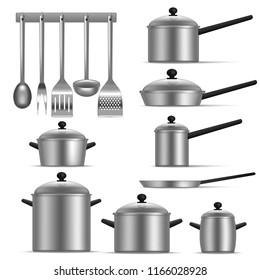 Conjunto de utensilios de cocina 3d realistas y detallados que incluyen el pan y la sartén. Ilustración vectorial de equipos Utensil o de cocina