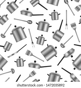Realistic Detailed 3d Kitchen Utensils Seamless Pattern Background on a White Include of Pan and Saucepan. Vector illustration of Utensil or Kitchenware Equipment