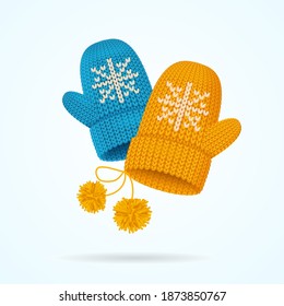 Realistic Detailed 3d Knitted Woolen Mittens with Snowflake Set. Vector illustration of Mitten with a Pompom