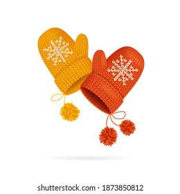 Realistic Detailed 3d Knitted Woolen Mittens with Snowflake Set Warm Seasonal Accessory. Vector illustration of Mitten