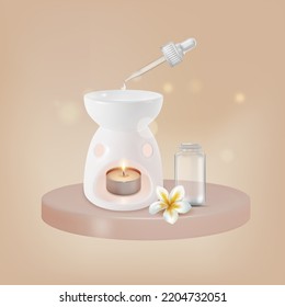 Realistic Detailed 3d Lamp Aroma Therapy With Candle And Essential Oil Bottle Frangipani Flower A Round Wooden Board. Vector Illustration Of Aromatherapy Concept