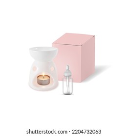 Realistic Detailed 3d Lamp Aroma Therapy with Template Box and Empty Essential Oil Bottle Aromatherapy Concept. Vector illustration