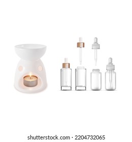 Realistic Detailed 3d Lamp Aroma Therapy and Empty Essential Oil Bottle Isolated on a White Background. Vector illustration of Aromatherapy Concept