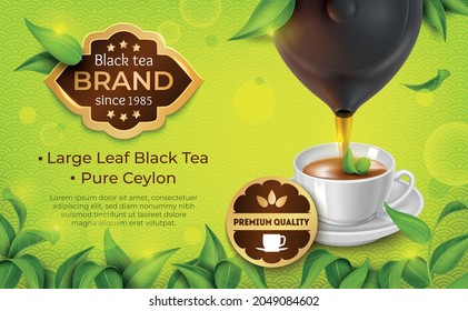 Realistic Detailed 3d Large Leaf Black Tea Pure Ceylon Ads Banner Concept Poster Card. Vector illustration of Brown Ceramic Teapot and White Cup