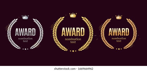 Realistic Detailed 3d Laurel Wreath Award Emblems Set Symbol of Winner Prize. Vector illustration of Trophy Sign