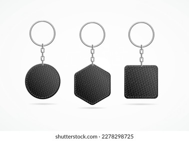 Realistic Detailed 3d Leather Keychain Set. Vector illustration of Metallic Steel Holder Trinket for Key with Metal Ring