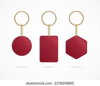 Realistic Detailed 3d Leather Keychain Set. Vector illustration of Shiny Golden Holder Trinket for Key with Metal Ring