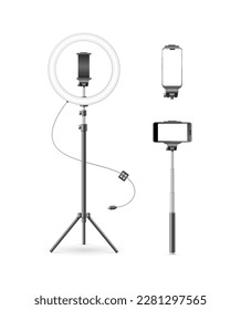 Realistic Detailed 3d Led Ring Lamp and Monopod Set Phone Holder for Live Stream. Vector illustration