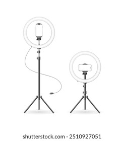 Realistic Detailed 3d Led Ring Lamp Mobile Phone Equipment Holder Set Isolated on a White Background. Vector illustration
