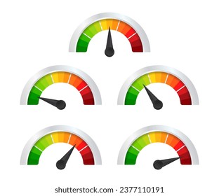 Indicador detallado realista de 3d de nivel establecido en un blanco. Ilustración vectorial de los indicadores del medidor de puntuación de marcado a color. Señal de velocidad rápida. Ilustración del vector