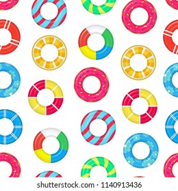 Realistic Detailed 3d Life Buoy Swimming Rings Seamless Pattern Background on a White. Vector illustration of Lifebuoy Ring
