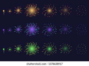 Realistic Detailed 3d Light Fireworks Animation Set On A Dark Background. Vector Illustration Of Color Bright Effect