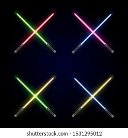 Realistic Detailed 3d Light Futuristic Swords Cross Set Different . Vector illustration of Sword