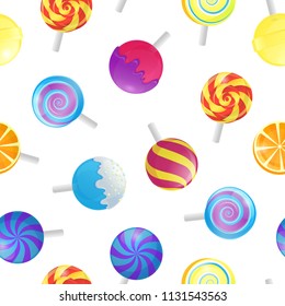 Realistic Detailed 3d Lollipops Candy Seamless Pattern Background on a White Sugar Sweet Food Dessert Caramel on Stick. Vector illustration of Lollipop Icons
