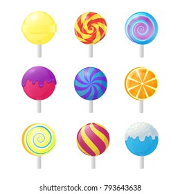 Realistic Detailed 3d Lollipops Candy Set Sugar Sweet Food Dessert Caramel on Stick. Vector illustration of Lollipop Icons