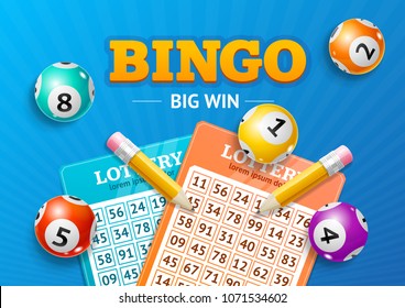 Realistic Detailed 3d Lotto Concept Bingo Big Win Card Background On A Blue. Vector Illustration Of Lottery Elements