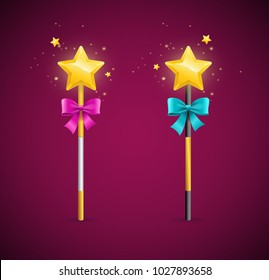 Realistic Detailed 3d Magic Wand Set with Bow and Gold Shiny Sparkle Symbol of Performance or Circus. Vector illustration