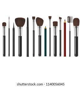 Realistic Detailed 3d Makeup Tools Set Brush for Face Blush, Eyes, Eyebrows and Lipstick. Vector illustration of Professional Cosmetic Elements