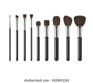 Realistic Detailed 3d Makeup Tools Row Set Brush for Face Blush, Eyes, Eyebrows and Lipstick. Vector illustration of Professional Cosmetic Elements