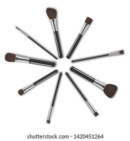 Realistic Detailed 3d Makeup Tools Circle Set Brush for Face Blush, Eyes, Eyebrows and Lipstick. Vector illustration of Professional Cosmetic Elements