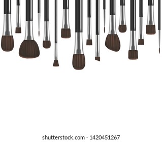 Realistic Detailed 3d Makeup Tools Background Brush for Face Blush, Eyes, Eyebrows and Lipstick. Vector illustration of Professional Cosmetic Elements