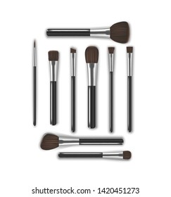Realistic Detailed 3d Makeup Tools Brush for Face Blush, Eyes, Eyebrows and Lipstick. Vector illustration of Professional Cosmetic Elements
