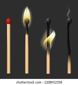 Realistic Detailed 3d Matches Flame Set New, Burning and Burnt Match Sticks Stages on a Grey. Vector illustration