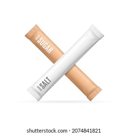 Realistic Detailed 3d Matte Sachet Stick Mockups Sugar and Salt Set . Vector illustration of White and Brown Sticks