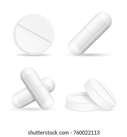 Realistic Detailed 3d Medical Different Tabletes and Pills Set Isolated on White Background. Vector illustration of Tablete and Pill