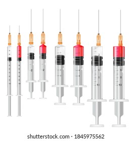 Realistic Detailed 3d Medical Syringe Set for Injection. Vector illustration of Empty and Full Different Syringes