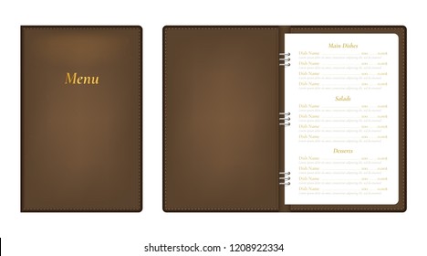 Realistic Detailed 3d Menu Book Set Closed and Open View for Restaurant, Bar or Cafe. Vector illustration