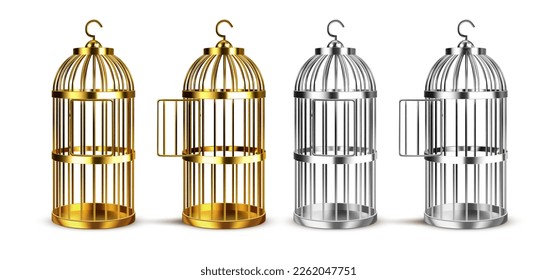 Realistic Detailed 3d Metal Cage for Birds Set Closed and Open View. Vector illustration of Empty Birdcage