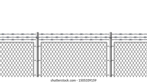 Realistic Detailed 3d Metal Fence Mesh and Barbed Wire Closeup View Element of Construction. Vector illustration