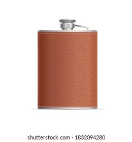 Realistic Detailed 3d Metal Hip Flask Wrapped in Leather for Alcohol Drink. Vector illustration of Hipflask