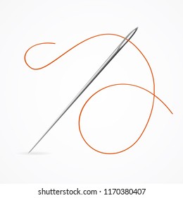 Realistic Detailed 3d Metal Needle and Red Thin Thread Equipment for Work or Hobby Closeup View. Vector illustration