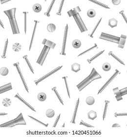 Realistic Detailed 3d Metal Screws and Bolts Seamless Pattern Background on a White Elements of Construction Industry. Vector illustration of Bolt and Screw