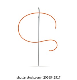 Realistic Detailed 3d Metal Sewing Needle with Eyelet and Red Thread on a White Background for Needlework. Vector illustration