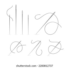 Realistic Detailed 3d Metal Sewing Needle with Black Thread Set Isolated on a White Background. Vector illustration of Needles