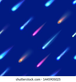 Realistic Detailed 3d Meteorites Comets Different Colors Light Effect Seamless Pattern Background Symbol of Decoration Element. Vector illustration