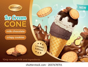 Realistic Detailed 3d Milk Chocolate with Crispy Cookies Ice Cream Cone Ads Banner Concept Poster Card. Vector illustration of Icecream