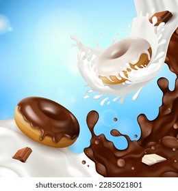 Realistic Detailed 3d Milk Chocolate Donuts with Milky Splash Effect Concept Background. Vector illustration of Doughnut